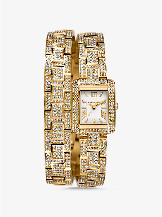 Michael K*rs - Petite Emery Pavé Gold-Tone Double Wrap Watch - MK4835