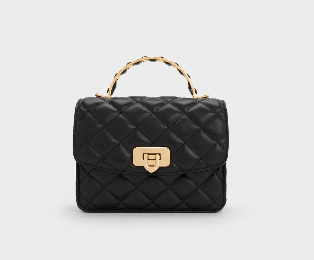 Charles & Ke*th - Cressida Quilted Top Handle Bag With Bag Charms - Gift Box - Black