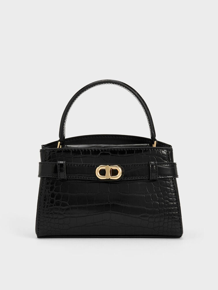 Charles & Ke*th - Aubrielle Croc-Effect Belted Top Handle Bag - Black