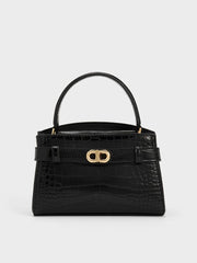 Charles & Ke*th - Aubrielle Croc-Effect Belted Top Handle Bag - Black